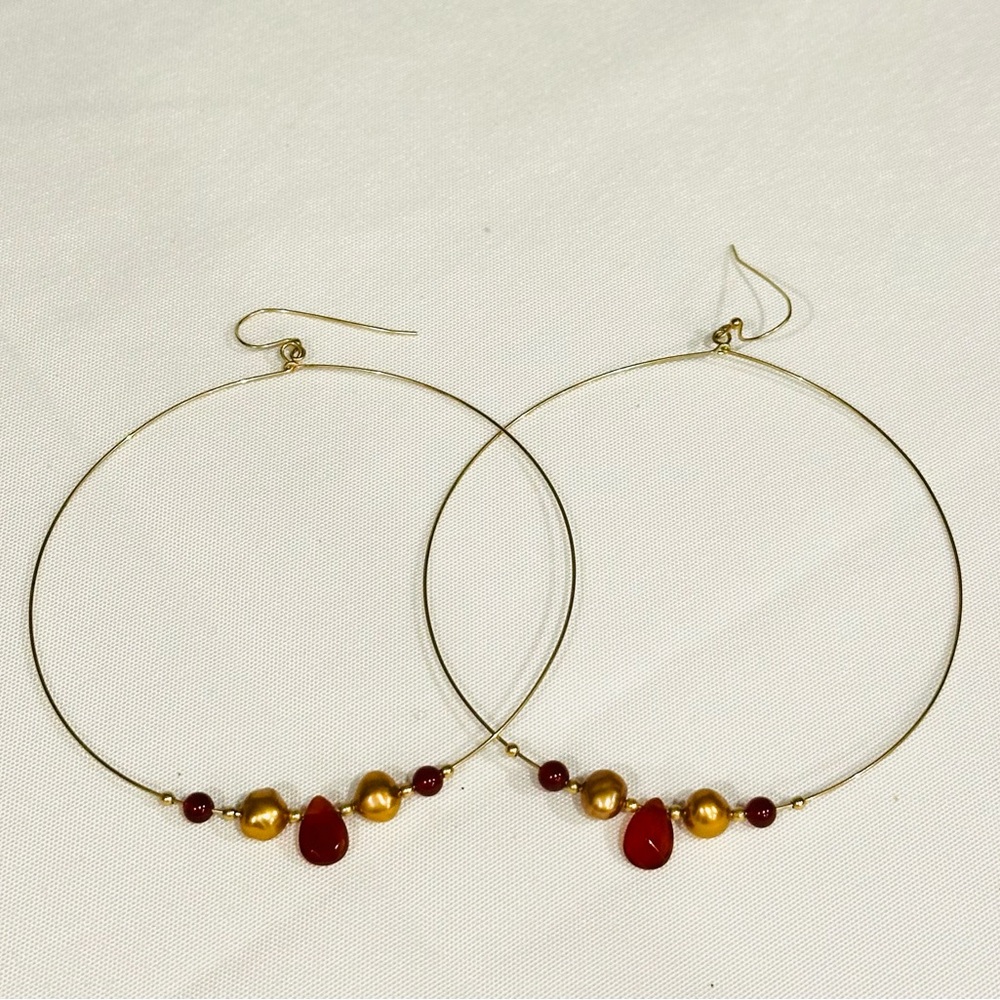 Elegant 18k Gold Gemstones Pearl Hoop Earrings Handmade
